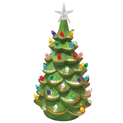 Santa's Workshop 14" Lighted Green Ceramic Tree with Gold Tips