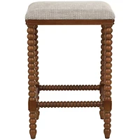 Brown Fabric Counter Stool with Wood Perle Legs & Beige Cushion
