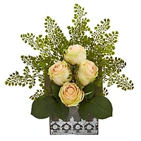 13" Rose & Maiden Hair Arrangement in Hanging Floral Design House Planter