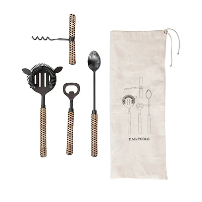Hello Honey® Stainless Steel Bar Tools with Rattan Wrapped Handles