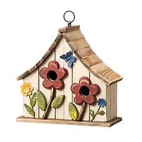 Glitzhome® 10.5" White Distressed Wood Birdhouse with Flowers