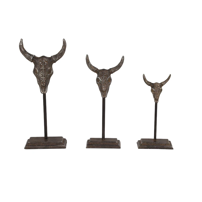 Set of 3 Grey Metal Eclectic Bull Sculpture, 15", 12", 10"