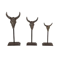Set of 3 Grey Metal Eclectic Bull Sculpture, 15", 12", 10"