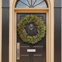 36" Crestwood Spruce Wreath with Silver Bristle, Cones, Red Berries & Glitter with 200ct. Clear Lights
