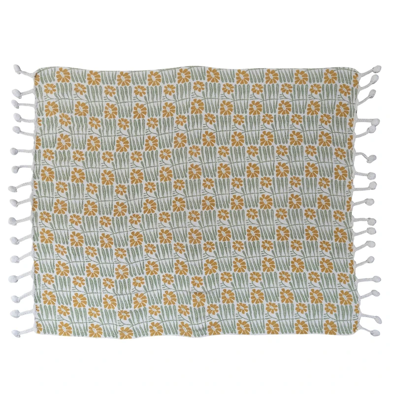 Hello Honey® Woven Recycled Cotton Blend Printed Throw with Flowers and Braided Pom Pom Tassels, Sage and Mustard