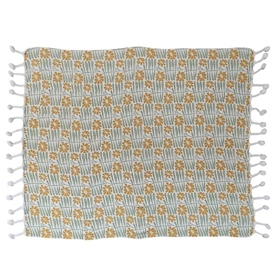 Hello Honey® Woven Recycled Cotton Blend Printed Throw with Flowers and Braided Pom Pom Tassels, Sage and Mustard