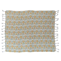 Hello Honey® Woven Recycled Cotton Blend Printed Throw with Flowers and Braided Pom Pom Tassels, Sage and Mustard