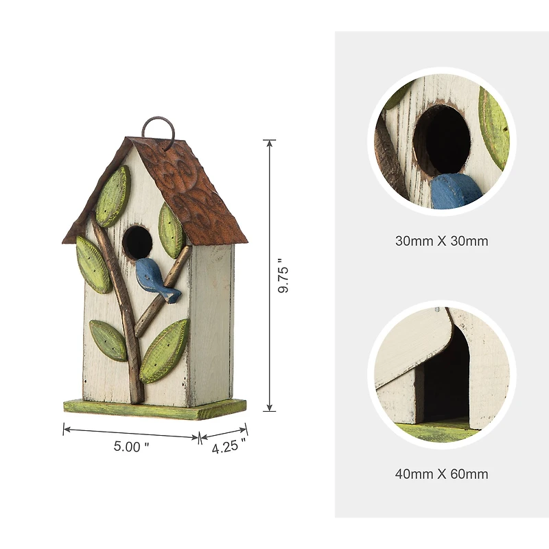 Glitzhome® 9.75" White Distressed Bird & Tree Birdhouse