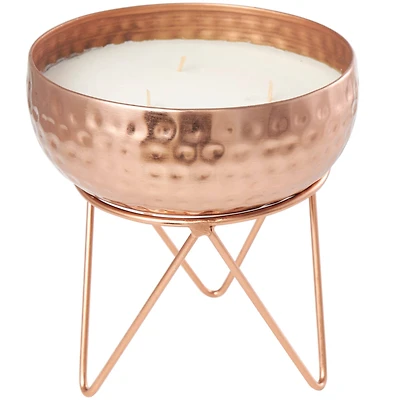 White Wax Vanilla Marshmallow Scented Candle with Hammered Copper Container and Tripod Stand