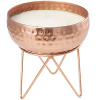 White Wax Vanilla Marshmallow Scented Candle with Hammered Copper Container and Tripod Stand