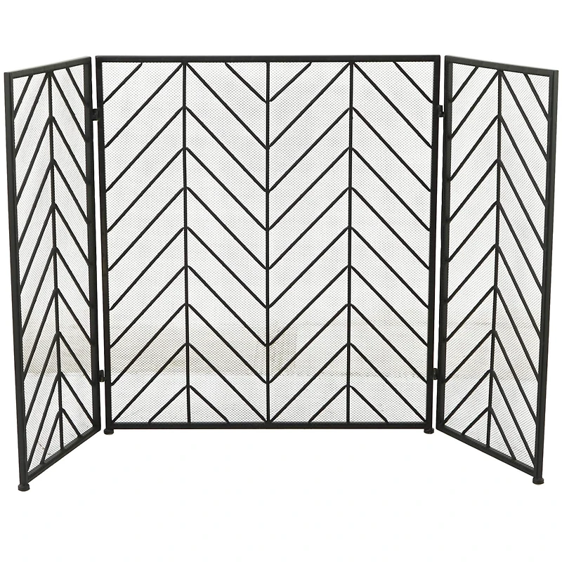 Black Metal Foldable Mesh Netting 3 Panel Geometric Fireplace Screen with Chevron Pattern 52" x 1" x 31"