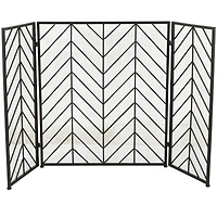 Black Metal Foldable Mesh Netting 3 Panel Geometric Fireplace Screen with Chevron Pattern 52" x 1" x 31"