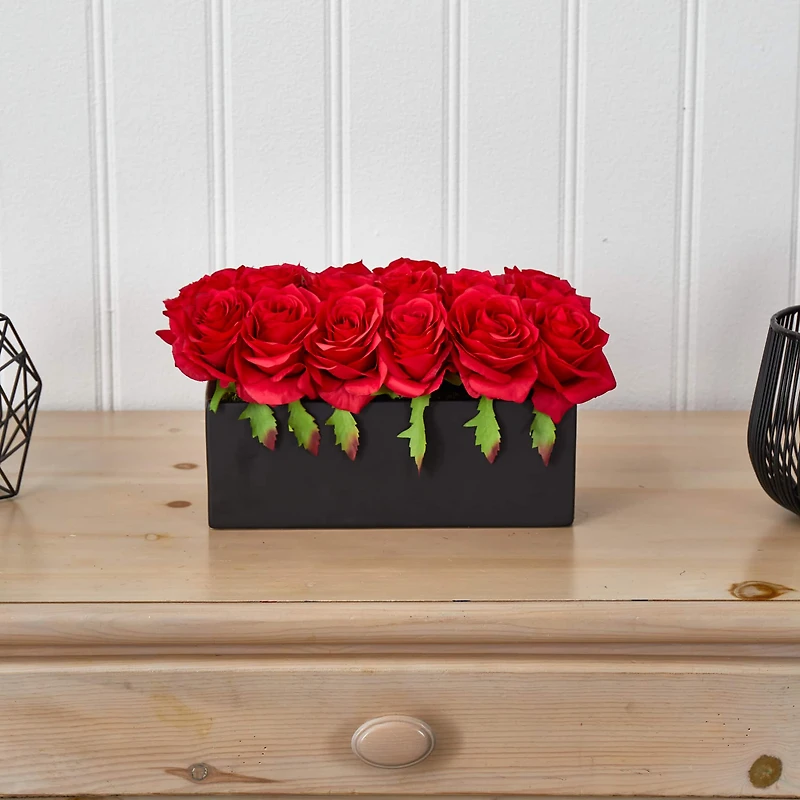 12.5" Dozen Silk Roses in Ceramic Rectangular Planter