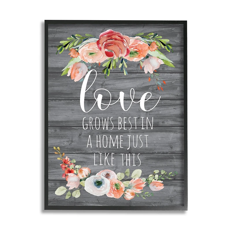 Stupell Industries Love Grows Best Motivational Family Phrase Rustic Flowers Framed Wall Art
