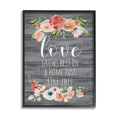 Stupell Industries Love Grows Best Motivational Family Phrase Rustic Flowers Framed Wall Art