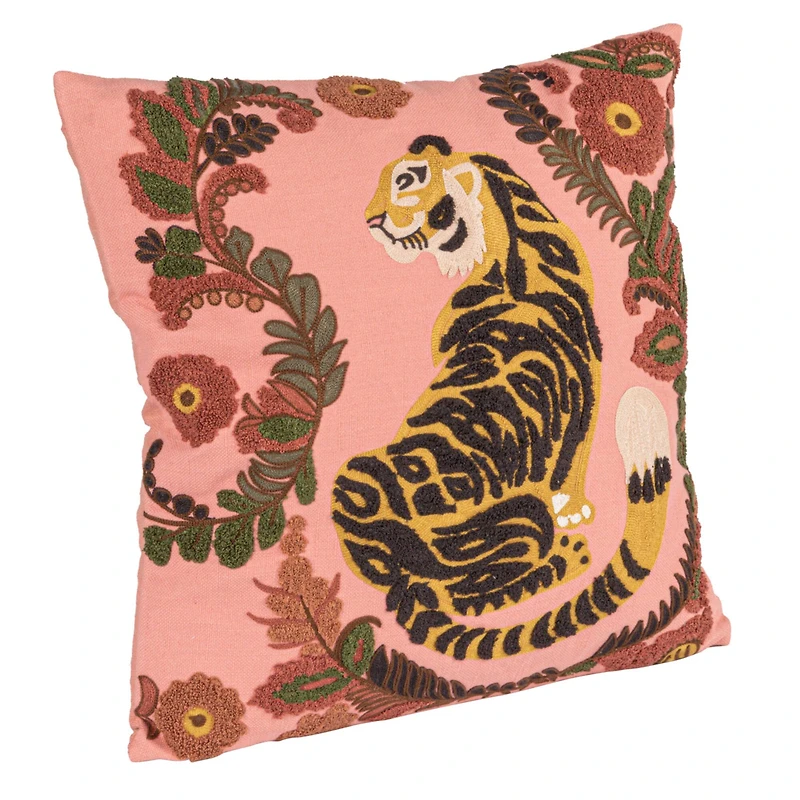 Hello Honey® 20" Tiger & Flowers Embroidered Accent Pillow
