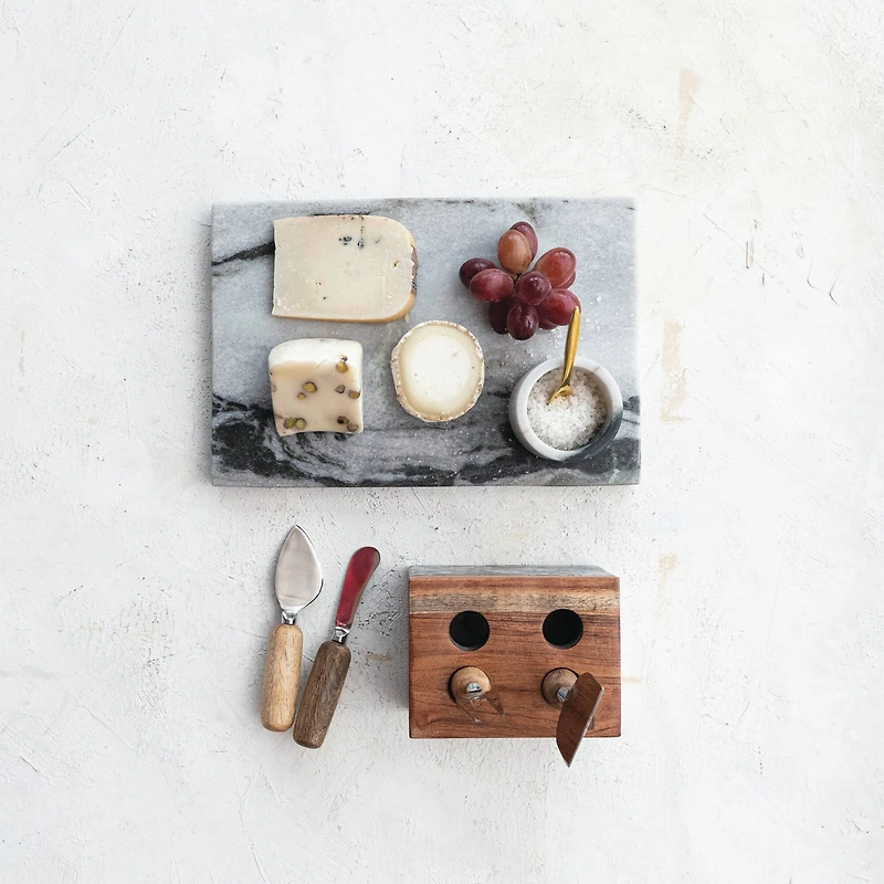 Hello Honey Black Marble Cheese Server Set with Mango Wood Stand