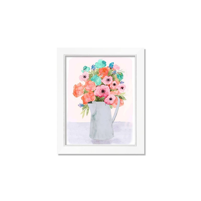 Florals in Pitcher 11" x 14" White Framed Print Under Plexiglass