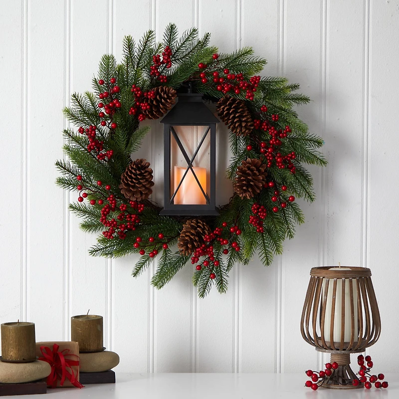28" Berries & Pine Christmas Wreath with Lantern & Included LED Candle