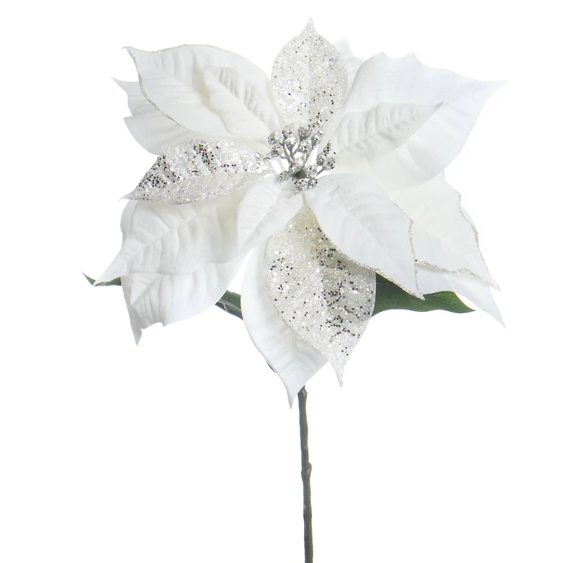 28" White & Silver Glitter Poinsettia Stem by Ashland®