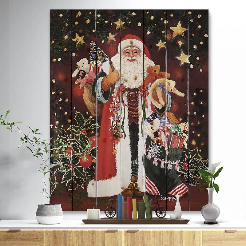 Designart Happy Santa Claus Christmas Print on Natural Pine Wood