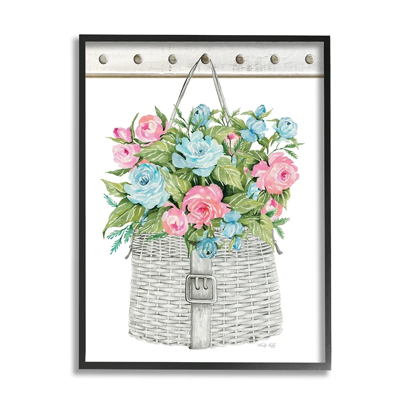 Stupell Industries Blue And Pink Blooming Roses Spring Plant Basket Framed Giclee Art