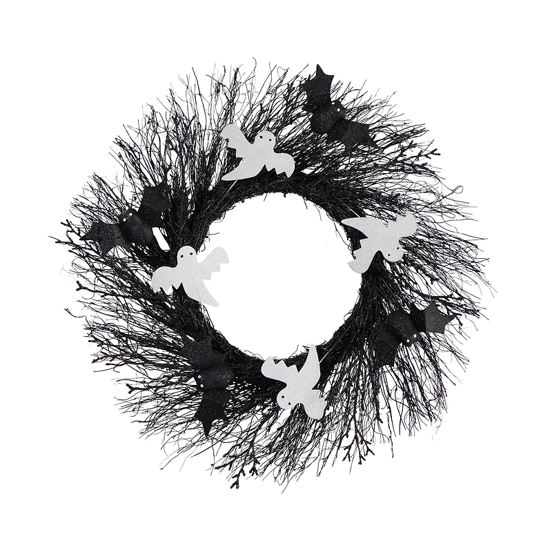 22" Halloween Ghost & Bats Twig Wreath