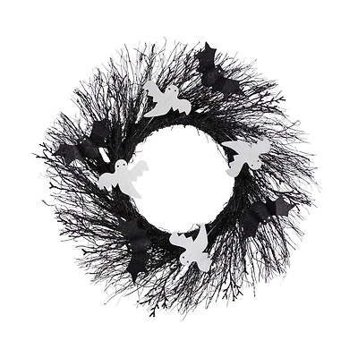 22" Halloween Ghost & Bats Twig Wreath