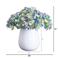11" Hydrangea Arrangement in White Metal Vase
