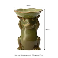 Glitzhome® 21.5" LED Olive Green Frog Holding Lotus Birdbath Ceramic Outdoor Floor Fountain