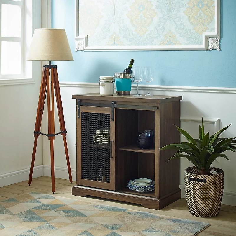 Walker Edison 32" Dark Walnut Sliding Mesh Metal Door Accent Cabinet