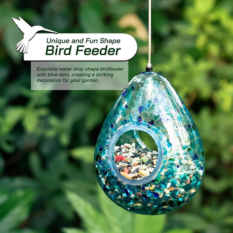 Glitzhome® 6.75" Blue Dots Glass Water Drop Hanging Bird Feeder