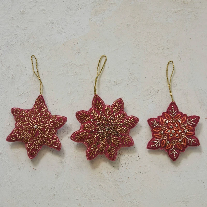 Hello Honey® 3 Pack 4.75" Red & Gold Bead Embroidered Snowflake Cotton Velvet Ornaments