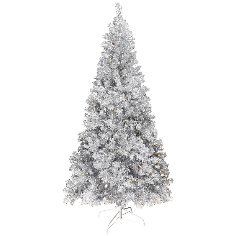 9ft. Pre-Lit Silver Tinsel Artificial Christmas Tree, Clear Lights