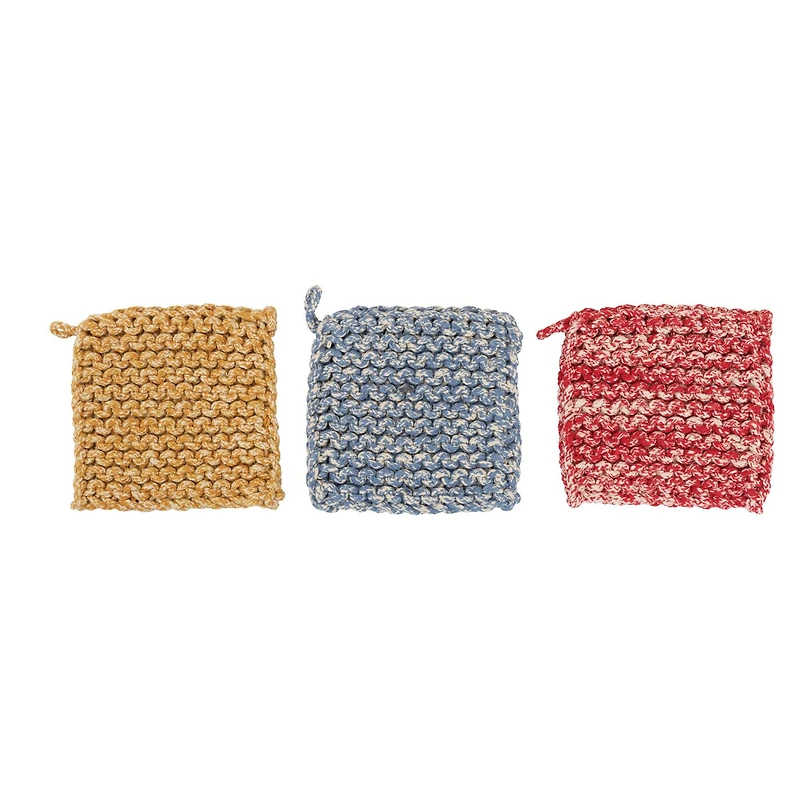 Hello Honey® 8" Mélange Red, Blue & Yellow Square Crocheted Cotton Pot Holder Set