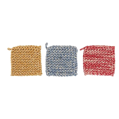Hello Honey® 8" Mélange Red, Blue & Yellow Square Crocheted Cotton Pot Holder Set