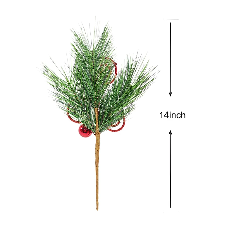 14" Green Pine, Red Glitter Swirl & Ball Ornament Pick by Ashland® 