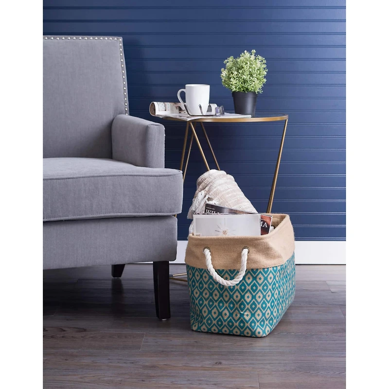 DII® 9" Teal Ikat Rectangle Burlap Bin