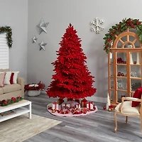 8ft. Pre-Lit Red Flocked Fraser Fir Artificial Christmas Tree, Red Lights