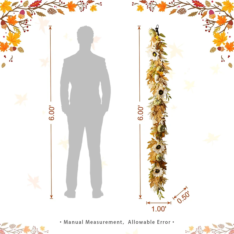 Glitzhome® 72" Fall Neutral Sunflower, Pumpkin and Leaf Garland
