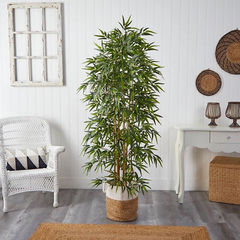 6ft. Artificial Bamboo Tree with Handmade Jute & Cotton Basket