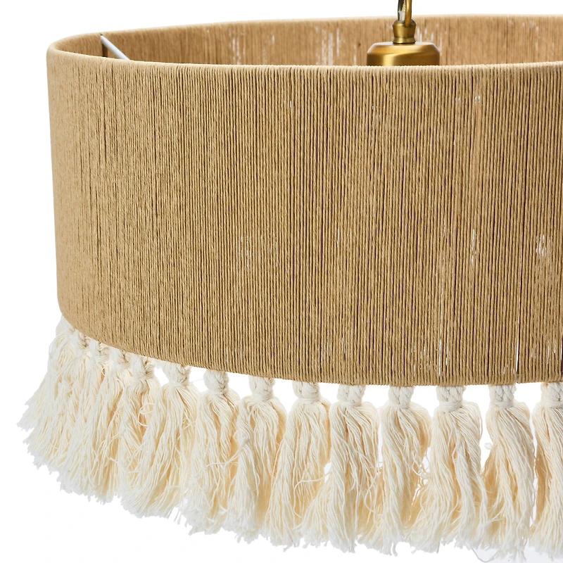 Hello Honey® 16" Brown Coastal Pendant Lamp with Natural Paper Rope Shade, Fringe Detail and Iron Base