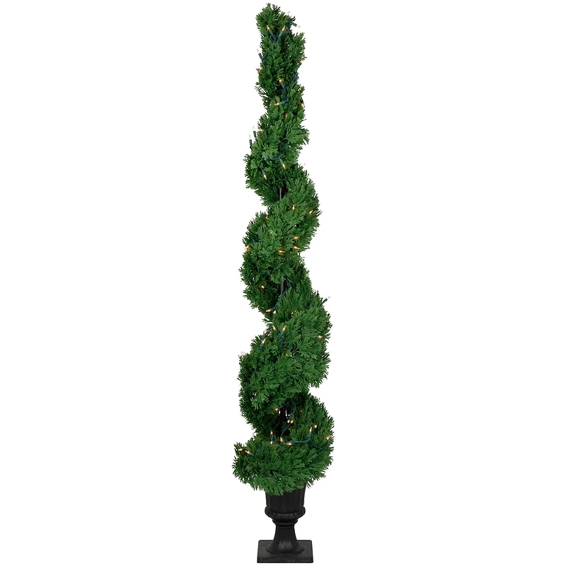 5.5ft. Pre-Lit Artificial Cedar Spiral Topiary Tree in Urn Style Pot, Clear Lights
