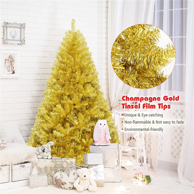 Costway 6ft. Unlit Champagne Gold Artificial Tinsel Christmas Tree with Foldable Stand