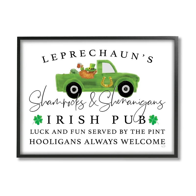 Stupell Industries Irish Pub Whimsical Leprechaun Green Shamrock Details Framed Giclee Art