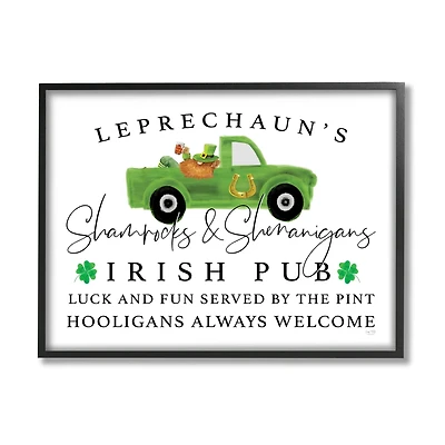 Stupell Industries Irish Pub Whimsical Leprechaun Green Shamrock Details Framed Giclee Art