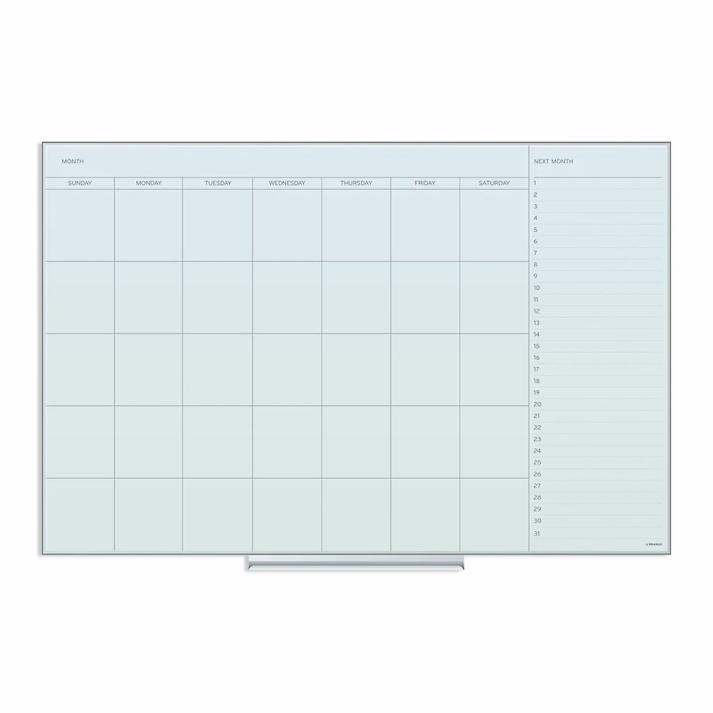 U Brands White 36" x 24" Frosted Frameless Non-Magnetic Glass Dry-Erase Monthly Calendar Board