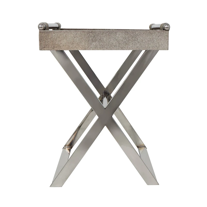 25" Gray Leather Geometric Accent Table with Silver Metal Base