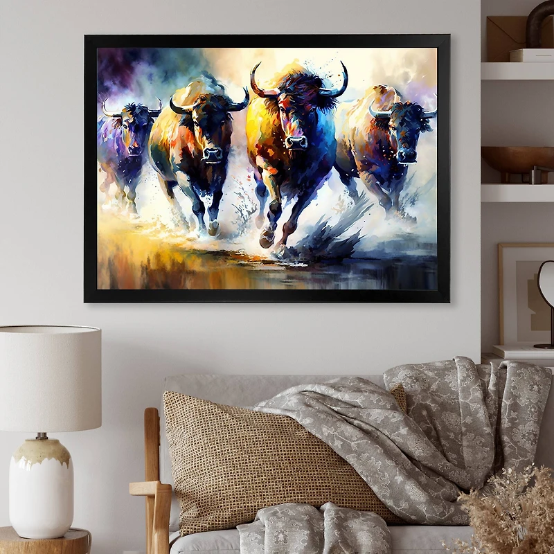 Designart 'Buffalo's Running' Animals Framed Canvas Wall Art