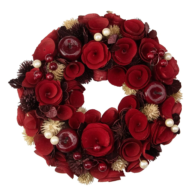 12" Unlit Red Wooden Rose Apple & Faux Pearl Artificial Valentines Wreath